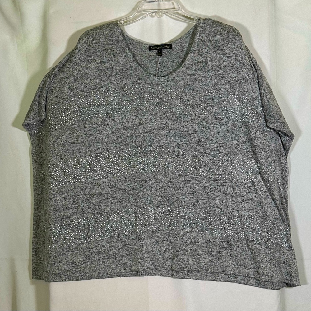Always Indigo Women's Gray Rhinestone‎ Oversized Soft Top Large